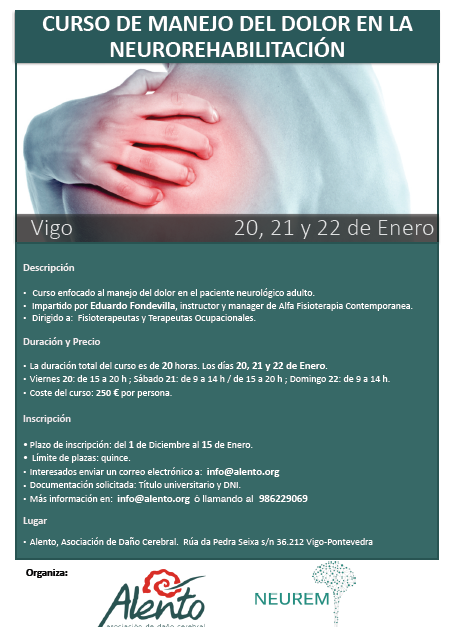 Cartel del curso de manejo del dolor en la neurorrehabilitación organizado por ALENTO