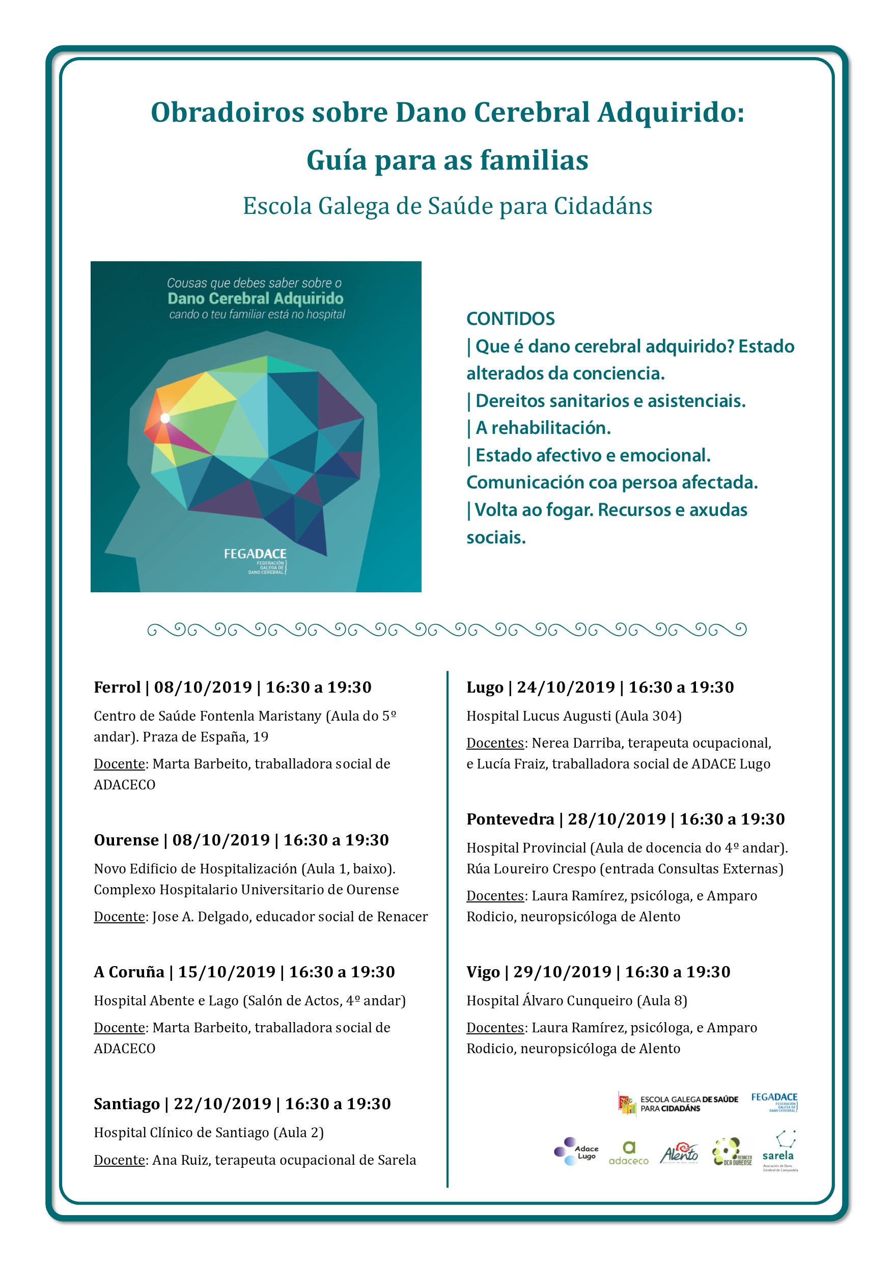 Cartel talleres formativos sobre daño cerebral Vigo y Pontevedra