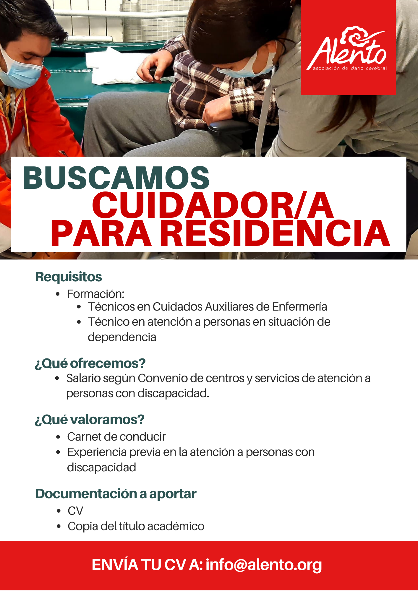 Oferta de empleo en Asociación ALENTO de Vigo. Puesto de cuidador para servicio residencial